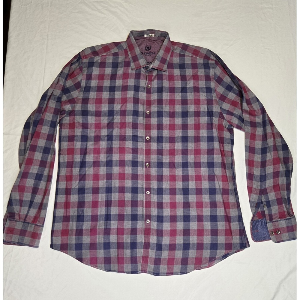 Bugatchi Shaped Fit Shirt Mens Plaid LS Cotton Button Up 2X/3X Blue/Grey/Red‎